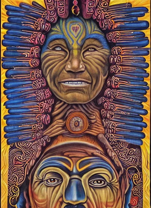 Image similar to faces of indigenous amazonian grandfathers and grandmothers spirits in the clouds, smiling, protection, benevolence, ancestors, detailed faces, symetrical, religious painting, art by alex gray