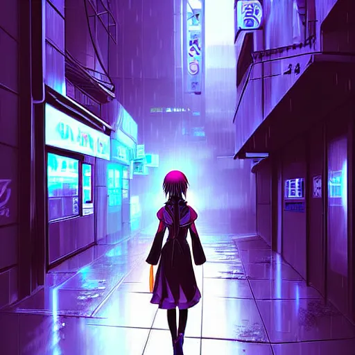 Prompt: digital art , anime girl walking into the streets of a cyberpunk city at night, rain, mist, by studio manglobe, by dao trong le