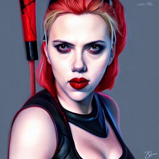 Prompt: Scarlett Johansson as Harley Quinn, holding bat, digital, artstation, cgsociety, 4k, high detail