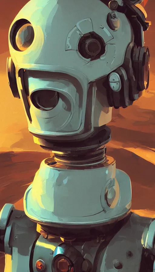 Prompt: an atompunk robot, portrait, head and chest only, humanoid, sharp focus, james gilleard, cinematic, game art, extremely detailed digital painting