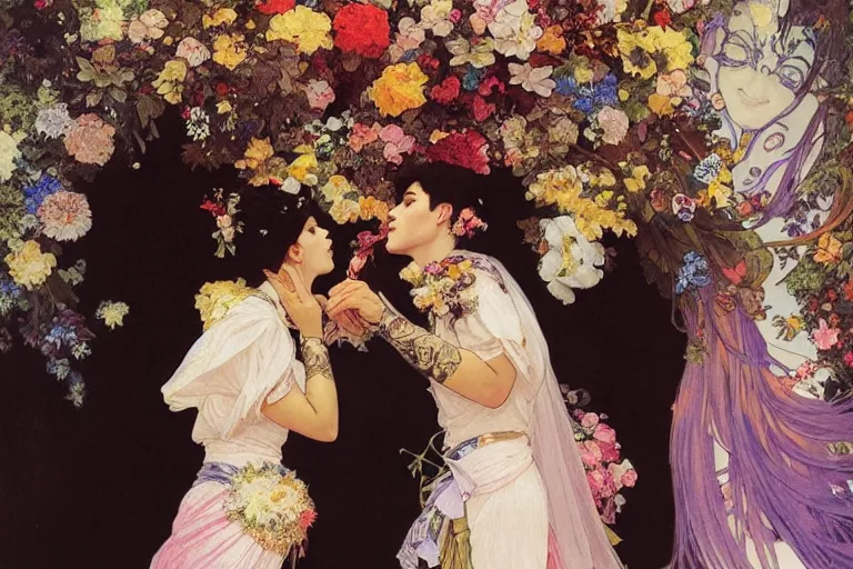 Image similar to the groom kisses the bride at a wedding full of flowers, bright and happy, dreamlike art, highly detail, 4 k realistic, wedding photoy krenz cushart. artem demura. alphonse mucha. yoji shinkawa artgerm. jon lothian. danilo torres. adi meyers. thomas reimann. gaston bussiere.