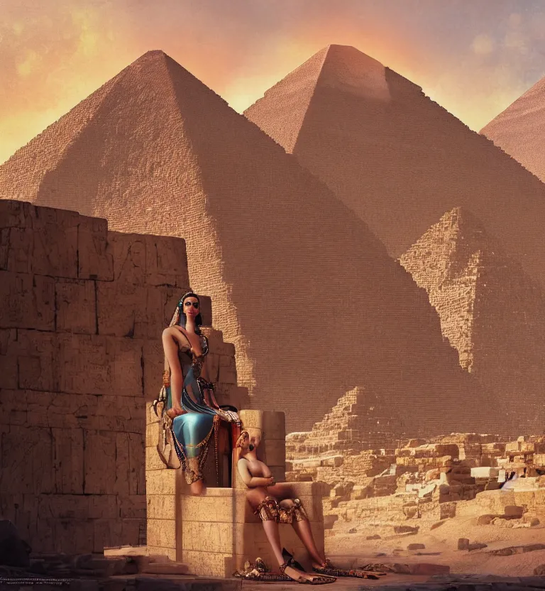 Image similar to a concept painting showing cleopatra on her throne at top of the great pyramid of giza. good quality, good light, anatomically correct, digital art, artstation 8 k