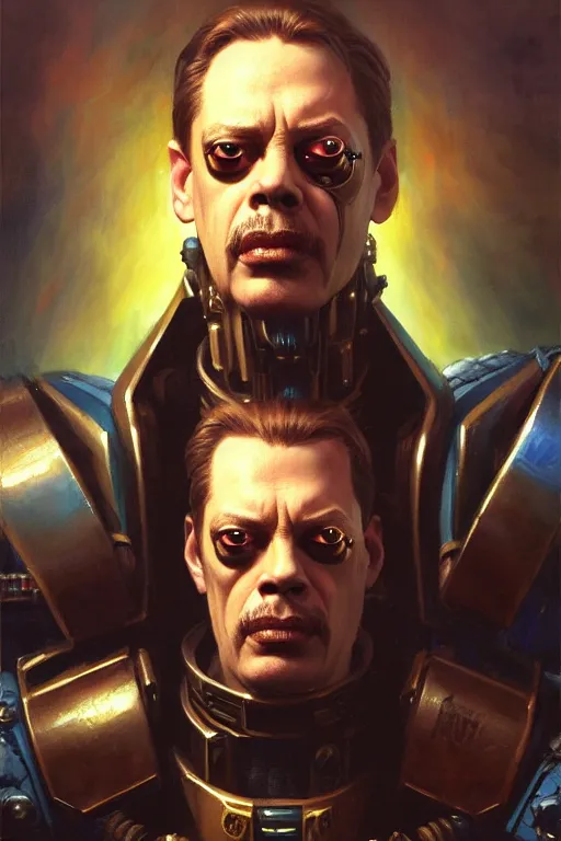 Prompt: character portrait cyberpunk warhammer 4 0 k god emperor steve buscemi, character design, painting by gaston bussiere, katsuya terada, frank frazetta, tom of finland, trending on artstation