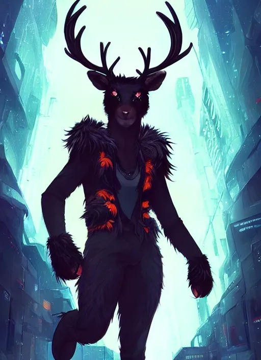 Image similar to award winning beautiful portrait commission of a male furry anthro Black Reindeer fursona with a tail, wings and a cute beautiful attractive detailed furry face wearing stylish black and orange cyberpunk clothes in a cyberpunk city at night while it rains. Character design by charlie bowater, ross tran, artgerm, and makoto shinkai, detailed, inked, western comic book art