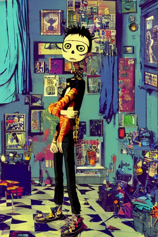 Image similar to a skinny goth guy standing in a cluttered 9 0 s bedroom by jamie hewlett, jamie hewlett art, full body character concept art, vaporwave colors, digital painting, hd, ultra hd, detailed, award winning, small details, artgerm,