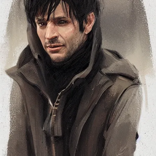 Image similar to portrait of a man by greg rutkowski, he is! about 3 0 years old, short black hair with bangs, his features are a mix between french, turkish and russian and he is wearing a beige and black utility jumpsuit, highly detailed portrait, digital painting, artstation, concept art, smooth, sharp foccus ilustration, artstation hq