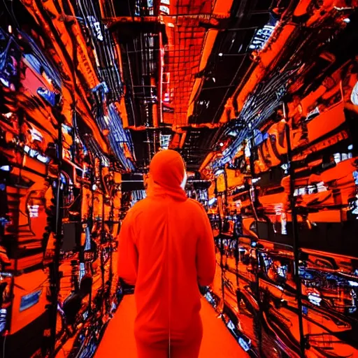 Prompt: love, diverse orange cybersuits, from behind, connection rituals, wide wide angle, vivid, elaborate, highly detailed, beautiful lighting