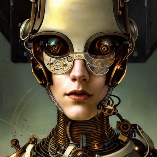 Prompt: close - up portrait of a beautiful female steampunk android in the style of ex machina, karol bak, alphonse mucha, greg rutkowski,