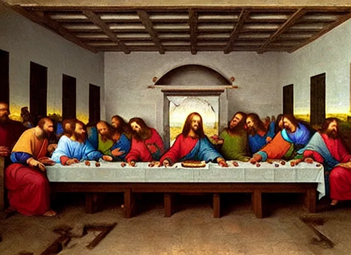 Image similar to Computer LAN party of the last supper painting by Leonardo Da Vinci, oil painting