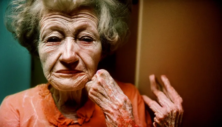 Image similar to a 7 0 s film still from a horror movie of an elderly woman suffering from radiation induced erythema, kodachrome, cinecolor, cinestill, film grain, film texture, retro, cinematic, high resolution, photorealism,