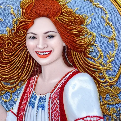 Prompt: Close up of a Highly detailed embroidery painting of a beautiful young woman with red hair, smiling, white clothes with gold details, Golden thread, golden details, intricate details, intricate patterns 4k, 8k, HDR