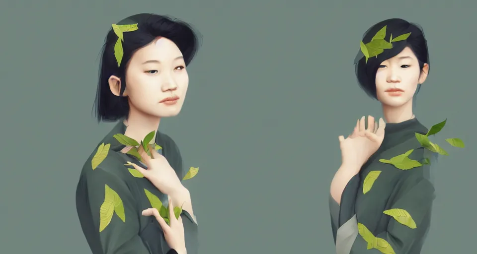 Image similar to asian female wearing leaf costume, contrast lightning, rough dark background, art by dannylailai on artstation, by hsiao ron cheng