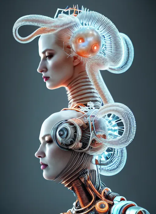 Prompt: portrait of an absurdly beautiful, graceful, sophisticated, fashionable cyberpunk mechanoid, hyperdetailed illustration by irakli nadar and alexandre ferra, intricate linework, white porcelain skin, faberge, coral and jellyfish headdress, octane render, gsociety, global illumination, radiant light, detailed and intricate environment