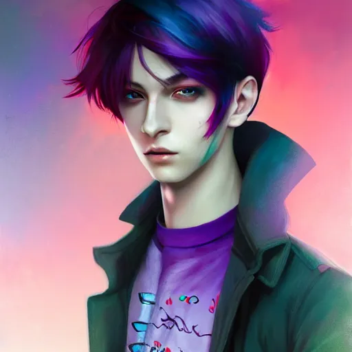 Image similar to colorful and festive captivating teenager boy with straight purple hair, purple eyes with red eye markers, slim body, wearing japanese combat clothes. rich vivid colors, ambient lighting, dynamic lighting, 4 k, atmospheric lighting, painted, intricate, highly detailed by charlie bowater