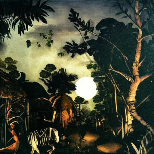 Prompt: moonlit jungle village, oil painting by caravaggio