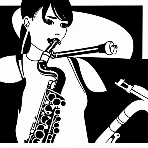 Image similar to an ink drawing of a tech punk girl playing the saxophone by ilya kuvshinov, black and white, white outline, high contrast