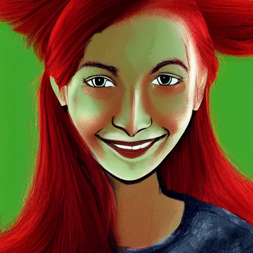 Prompt: a smiling woman with red hair, green eyes, dimples, and rosy cheeks, digital art