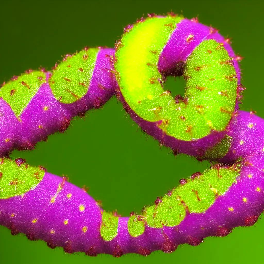 Image similar to a macro photography of a caterpillar, photorealistic, green yellow purple pink,