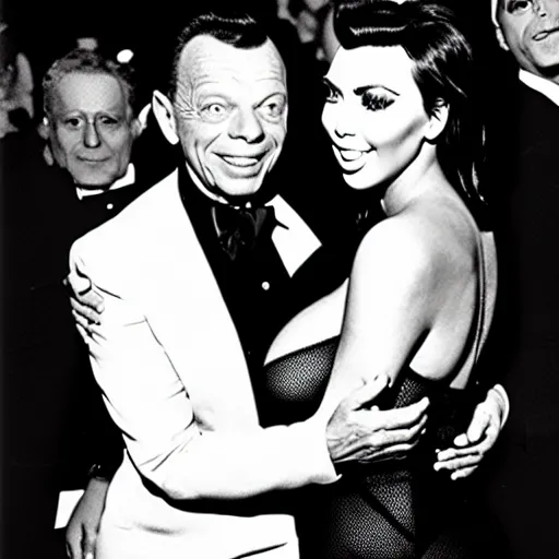 Image similar to Frank sinatra being hugged lovingly by kim kardashian