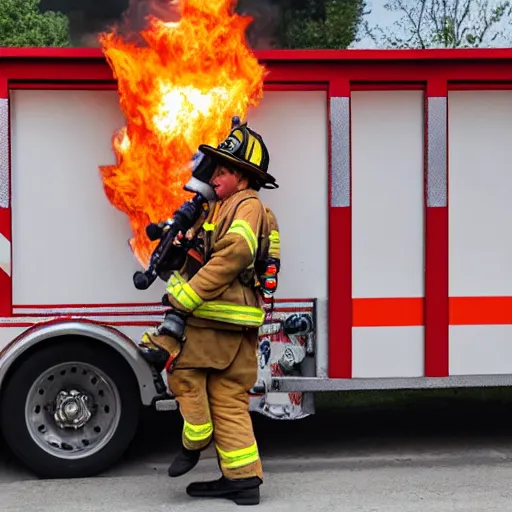 Image similar to a clown wearing firefighter clothes, using a flamethrower on a dumpster fire