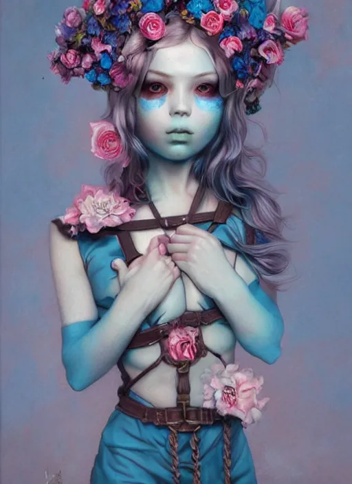 Image similar to pop surrealism, lowbrow art, realistic cute girl painting, blue body harness, japanese shibari with flowers, hyper realism, muted colours, rococo, natalie shau, loreta lux, tom bagshaw, trevor brown style,