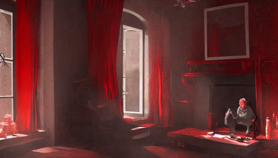 Image similar to old brick house, bright red light through the windows, black curtains, fireplace, old man watching through windows, hyperdetailed, artstation, cgsociety, 8 k