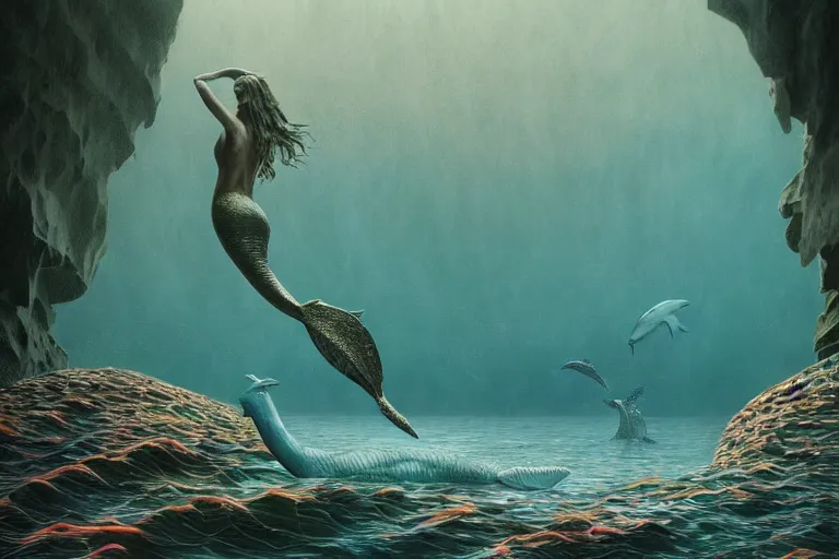 Image similar to mosaic of legendary mermaid in stylised sea with dolphins and fish in vast natural cave, mist, morning light, octane render, digital illustration by Zdislav Beksinski on artstation