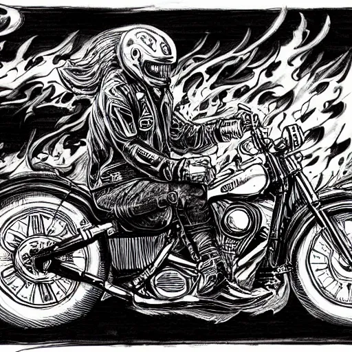Image similar to hells angel biker riding through a burning street, intricate ink drawing, highly detailed in the style of Ashley Wood