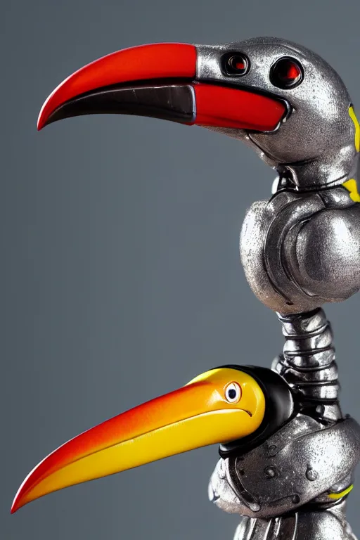 Image similar to a macro photo of a cyborg toucan miniature figurine, dynamic pose, chrome parts, glowing power source, intricate details, intricately detailed textures, warm lighting, vivid colors, realistic octane render, hyper realistic render, volumetric shading, depth of field, raytracing, 8 k,