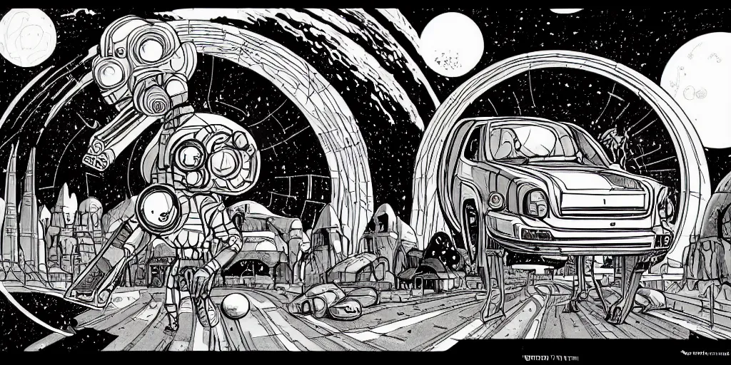 Image similar to traditional drawn colorful animation a car solo stranger with harvester pacing to valley symmetrical architecture on the ground, space station planet afar, planet surface, ground, rocket launcher, outer worlds extraterrestrial hyper contrast well drawn Metal Hurlant Pilote and Pif in Jean Henri Gaston Giraud animation film The Masters of Time FANTASTIC PLANET La planète sauvage animation by René Laloux