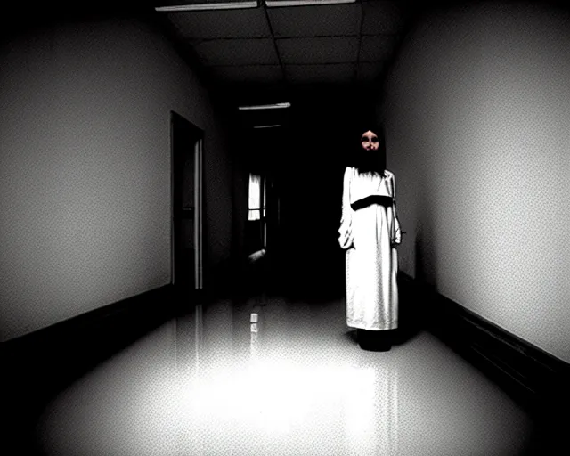 Image similar to creepy woman wearing white dress standing in the backrooms, psychological horror, the eerie forlorn atmosphere of a place that's usually bustling with people but is now abandoned and quiet, buzzing fluorescent lights above the ceiling, unsettling images, liminal space, dark