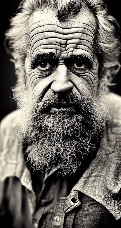 Image similar to a highly detailed digital collodion photograph, a portrait of a grizzled old man who kind of looks like Mel Gibson