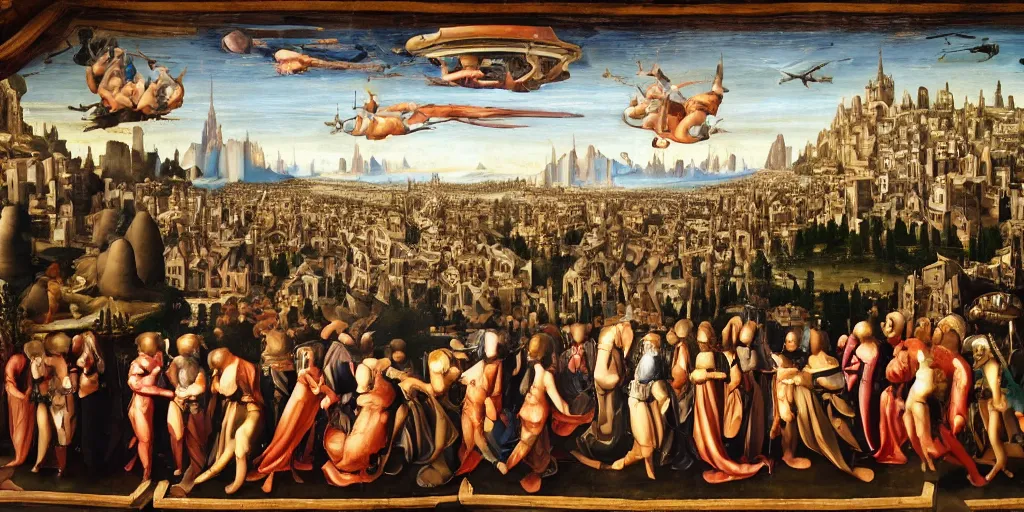 Prompt: highly detailed renaissance painting of an alien city skyline