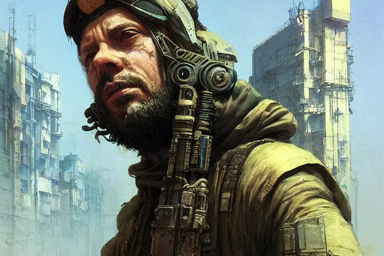 Image similar to A solarpunk very highly detailed terrorist with very highly detailed face on the street of a very highly detailed smooth solarpunk city digital concept art by Greg Rutkowski, neofuturistic highly detailed, digital concept art, Dimensional cyan gold natural light, sharp focus, Golden Ratio illustration, realistic concept art by Stephen Hickman and James Gurney and Hiromasa Ogura Ghost in the Shell rendered in Octane Render, From the distance