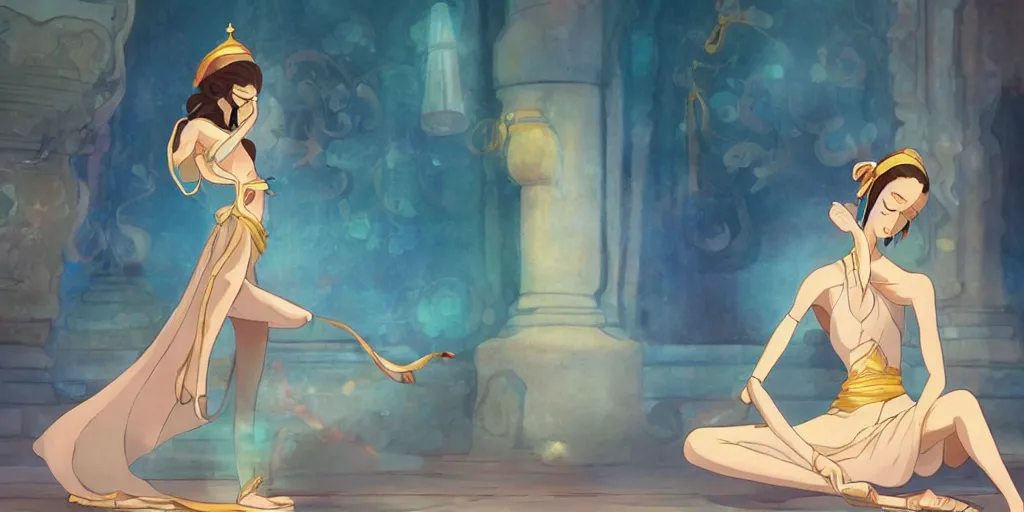 Prompt: beautiful genie girl, dancing in the palace room, beautiful slender body, accurate body proportions, mysterious ambient lighting, digital art, hyper realistic, style of studio ghibli