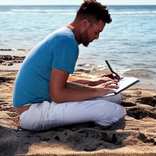 Prompt: photo of man working with notebook on the beach, relax