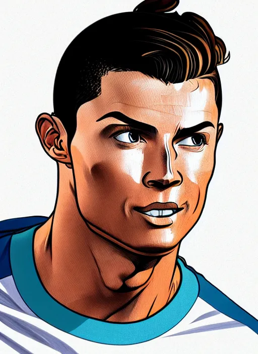 Prompt: cristiano ronaldo, t - shirt, modern casual clothing, natural lighting, path traced, highly detailed, high quality, cartoon, digital painting, by don bluth and ross tran and studio ghibli and alphonse mucha