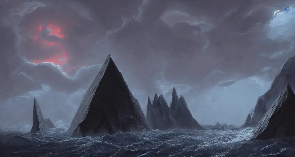 Image similar to black lovecraftian eldritch!! obsidian pyramid!! on a snowy island surrounded by raging stormy seas, with a large shadow of a creature in the background by eugene von guerard, ivan shishkin, night, red lightning!!, storm!, dramatic lighting, concept art, trending on artstation, 8 k