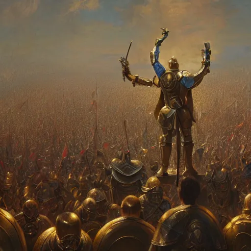 Image similar to artstation concept of a man in armor standing in a crowd gettig cheered, bright colorful, gold, hyperdetailed, artstation trending, world renowned artists, worth 1 0 0 0. com, historic artworks society, antique renewel, cgsociety, by greg rutkowski, by gustave dore, deviantart