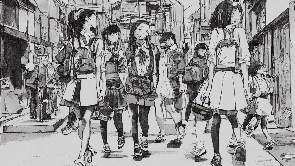 Prompt: cute schoolgirl walk in ghetto, in style of katsuya terada,
