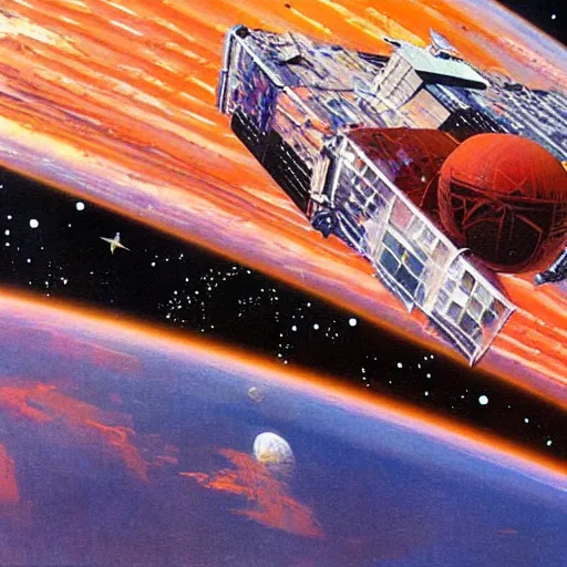 Image similar to distant view of abandoned beautiful space station floating in empty space, robert mccall