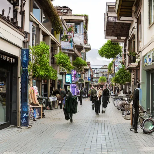 Image similar to solarpunk shopping street