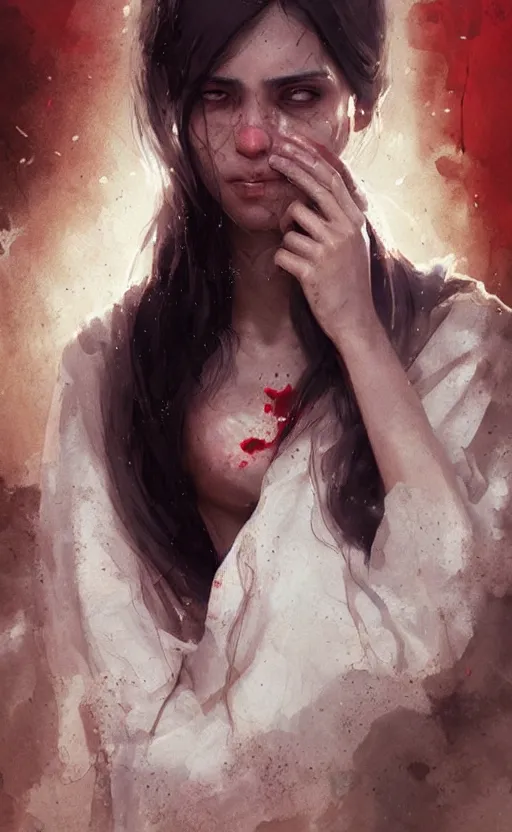 Image similar to The most beautiful arabian girl in the world crying blood ,digital art,ultra realistic,ultra detailed, ultra wide Lens, art by greg rutkowski