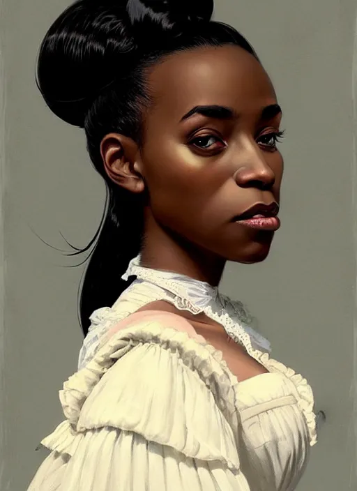 Image similar to a portrait of a young black woman with a crooked nose in victorian clothing, confident pose, intricate, elegant, sharp focus, illustration, highly detailed, concept art, matte, trending on artstation, anime, art by james jean and artgerm and brian despain and alberto mielgo, greg rutkowski, wlop, ilya kuvshinov, strong strokes