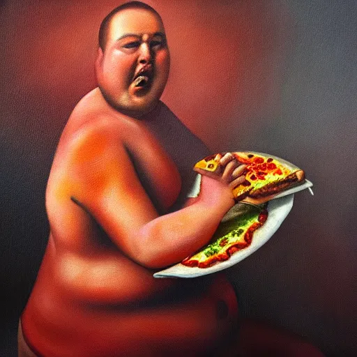 Prompt: oil painting of a fat slob eating a pepperoni pizza, dramatic lighting, dramatic lighting, beautiful, epic, glorious, extreme detail, 4k