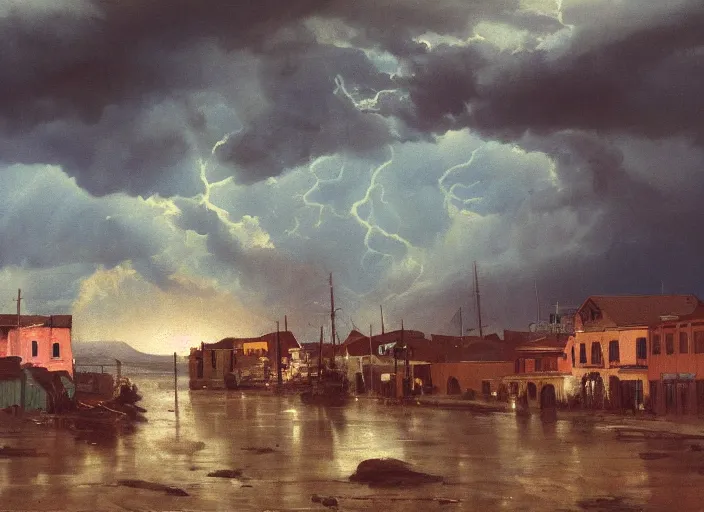 Image similar to oil painting of american old west town, harbour, dramatic storm clouds, dusty street, sunrays, dramatic, very very very beautiful art, cinematic lighting, romanticism by goya, bright art, pastel color, pink and blue sky, sunny summer day, tall mountains