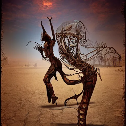 Image similar to burning man ballerina, digital art, post apocalyptic, fantasy, by h. r. giger