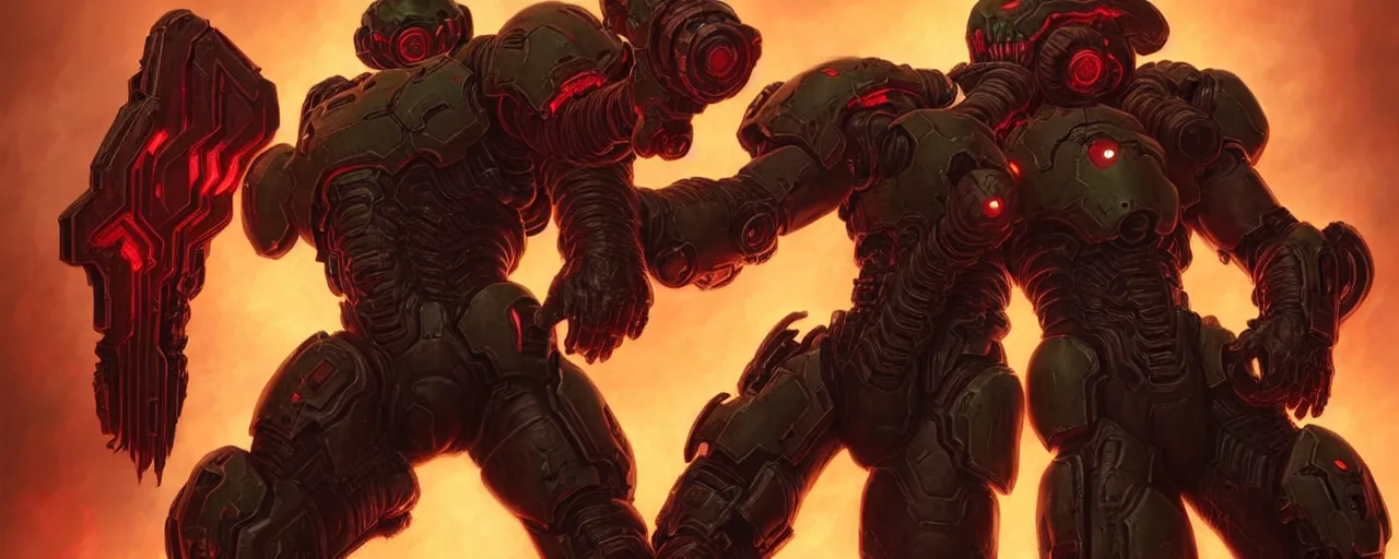 Image similar to doom slayer from doom eternal, illustration, intricate, without duplication, art by artgerm and richard hamilton and mimmo rottela