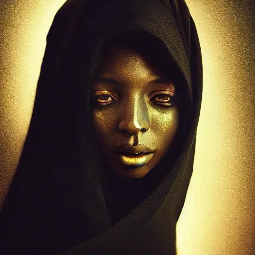 Image similar to a portrait of a young black woman wearing a long dark cloak, hood and shadows covering face, anatomically correct, beautiful perfect face, enigmatic, oil painting, matte painting, black background, Volumetric Golden dappled dynamic lighting, Highly Detailed, Cinematic Lighting, Unreal Engine, 8k, HD, by Beksinski