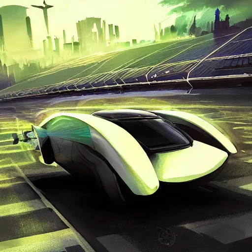 Image similar to solarpunk hovercar, clean energy, green technology, highway, sunny day, futurism, intricate, engines, glow, highly detailed, drone wings, peaceful, utopia, bright, digital painting, artstation, concept art, smooth, sharp focus, epic landscape, art by akihiko yoshida and tim mcburnie and anato finnstark